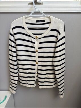 Cream and Black Striped Gold-Button Cardigan